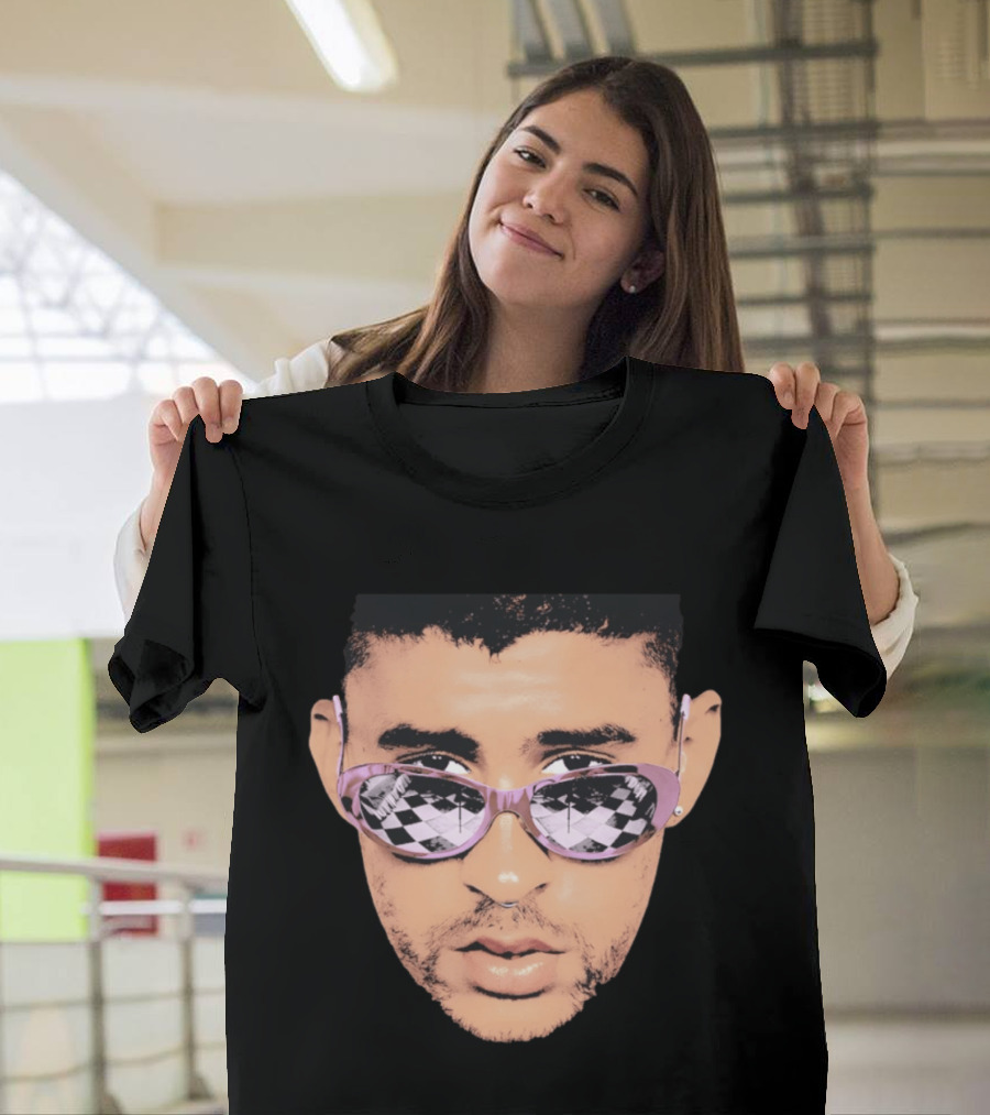 Bad Bunny Big Face Pastel Sunglasses Checkered T-Shirt