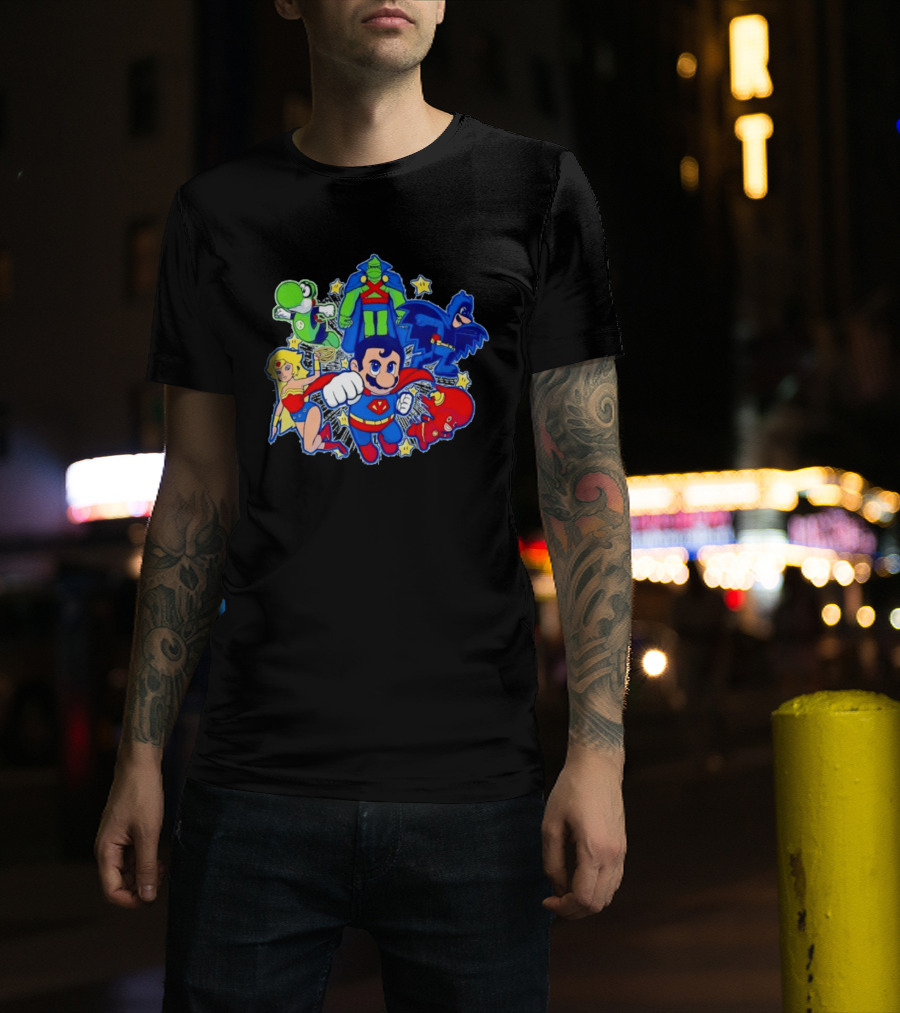 Justice League Mario Bros Crossover With Yoshi Batman Flash Wonder Woman Martian Manhunter T-Shirt