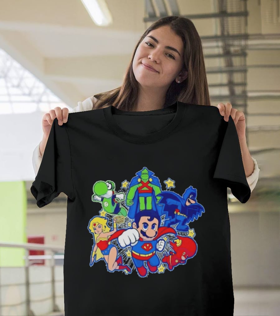 Justice League Mario Bros Crossover With Yoshi Batman Flash Wonder Woman Martian Manhunter T-Shirt