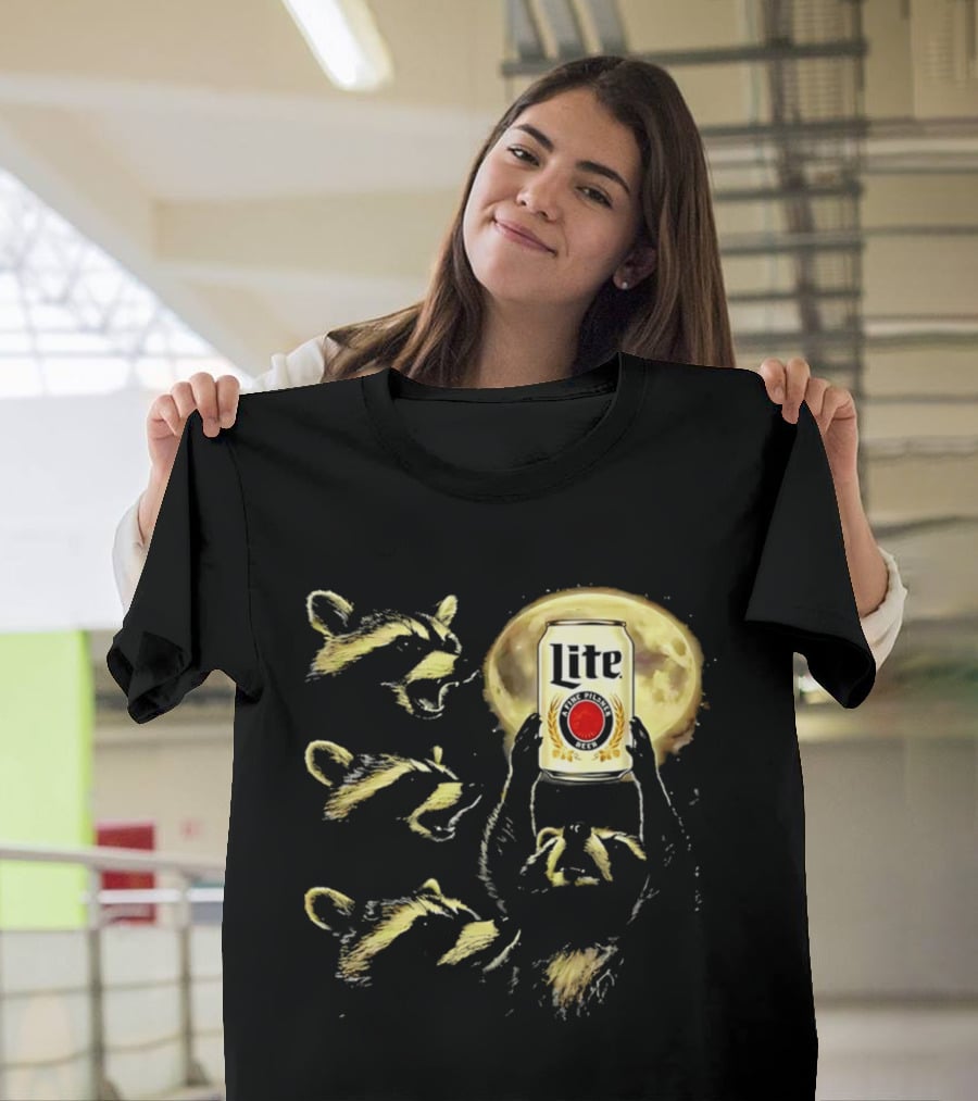 Moon Raccoon Lite Beer Can In Full Moonlight T-Shirt