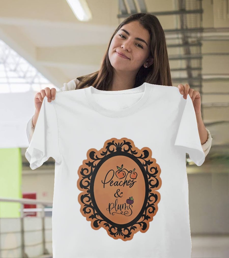 Peaches And Plums Ornate Black Floral Oval Frame T-Shirt