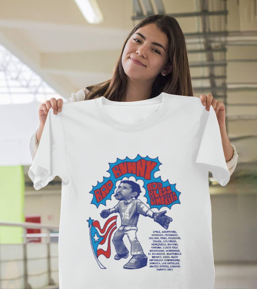 Bad Bunny God Bless America Featuring Puerto Rico Flag Map of Americas T-Shirt