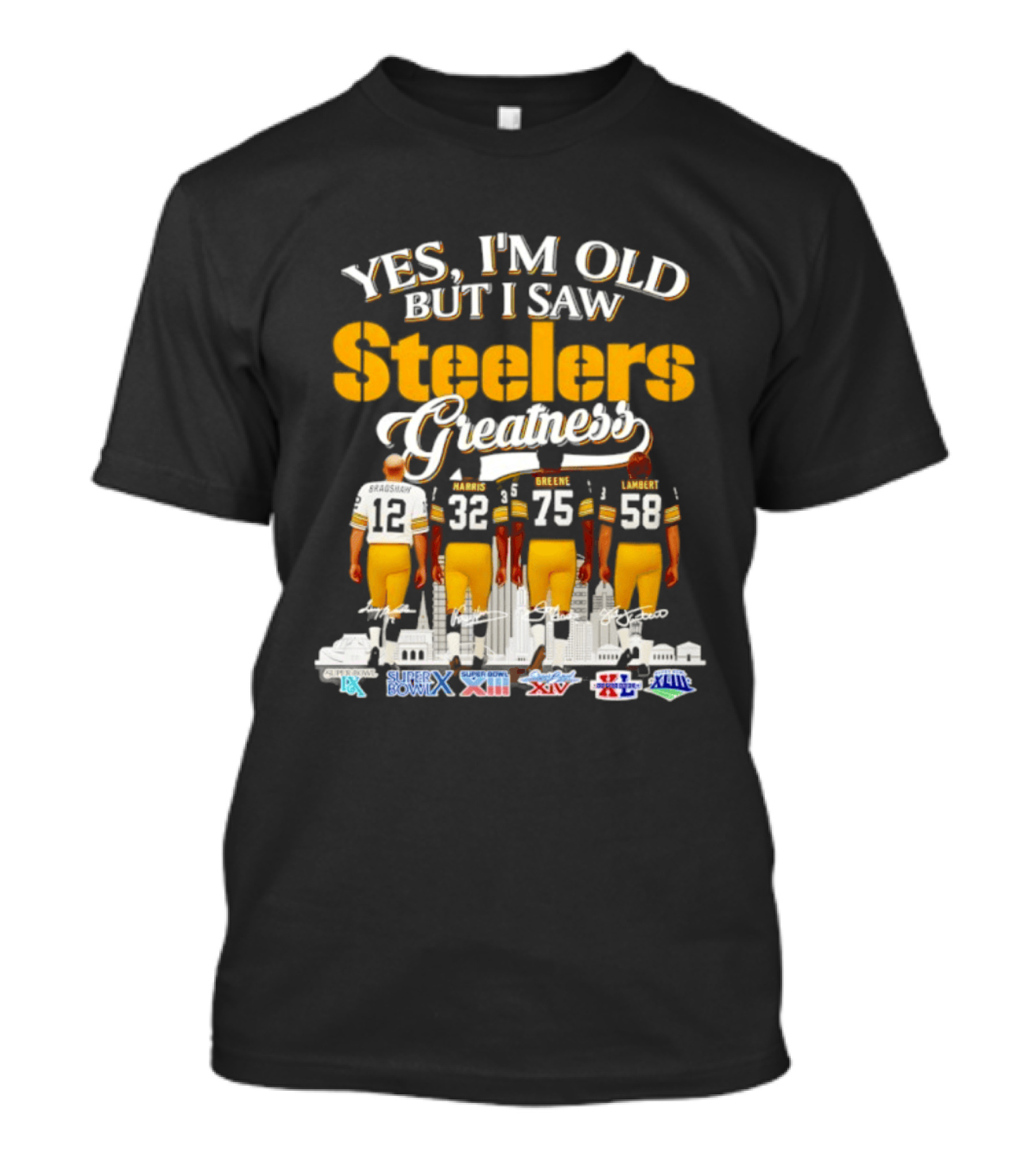 Yes I'm Old But I Saw Steelers Greatness Harris Greene Lambert Bradshaw Super Bowl Champs T-Shirt
