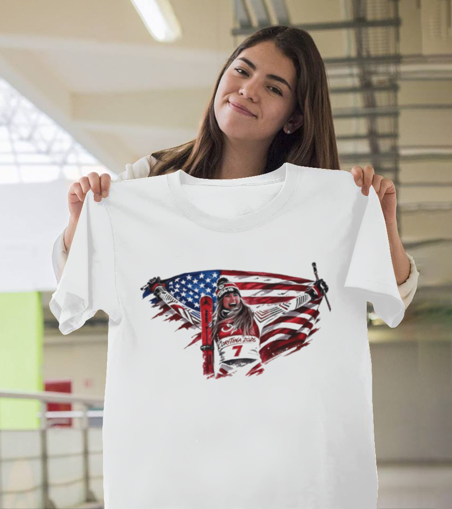 USA Winter Olympic Mikaela Shiffrin American Flag Skier T-Shirt