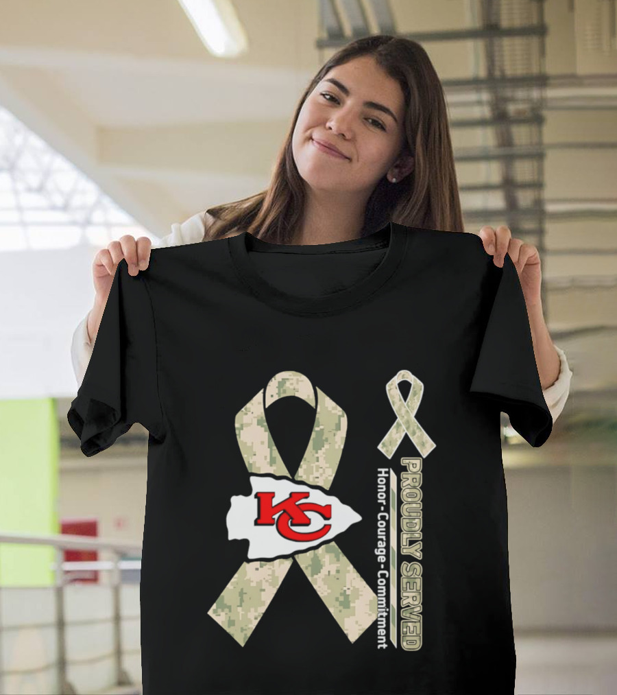 Kansas City Chiefs Military Support Honor Courage Commitment Kansas Camo Ribbon T-Shirt