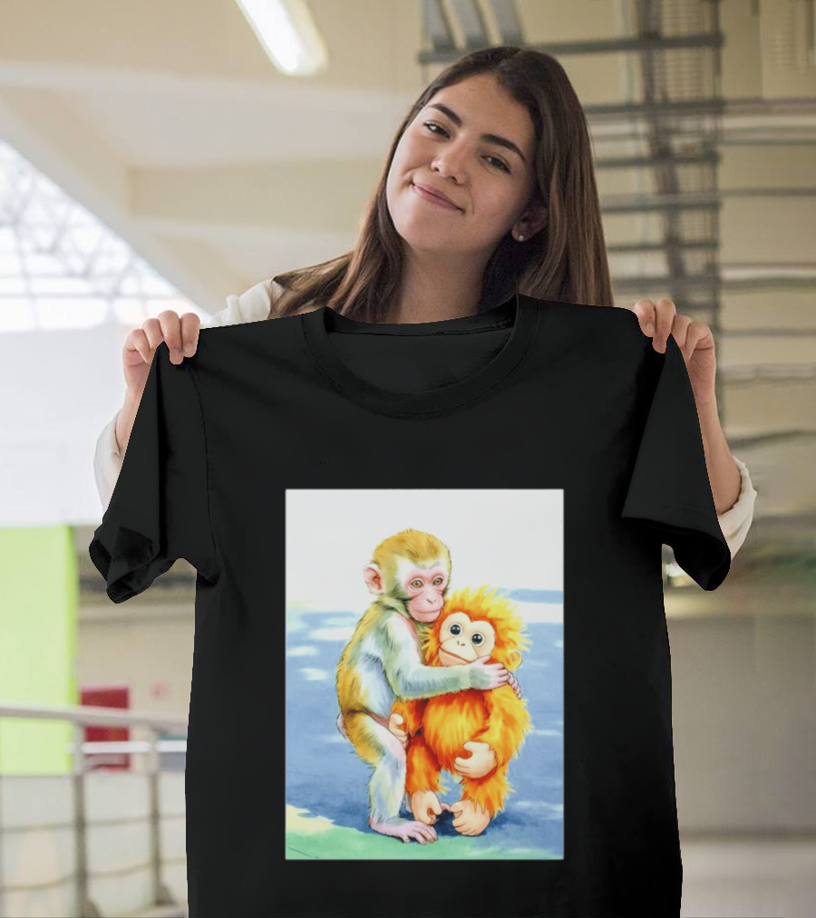 Adorable Monkey Cuddling Orange Plush Toy Scene T-Shirt