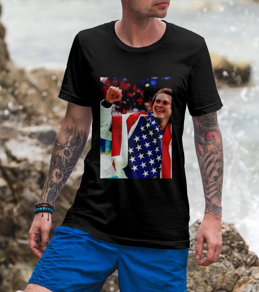 Jack Hughes Celebrating Team USA Hockey Star Spangled Moment T-Shirt