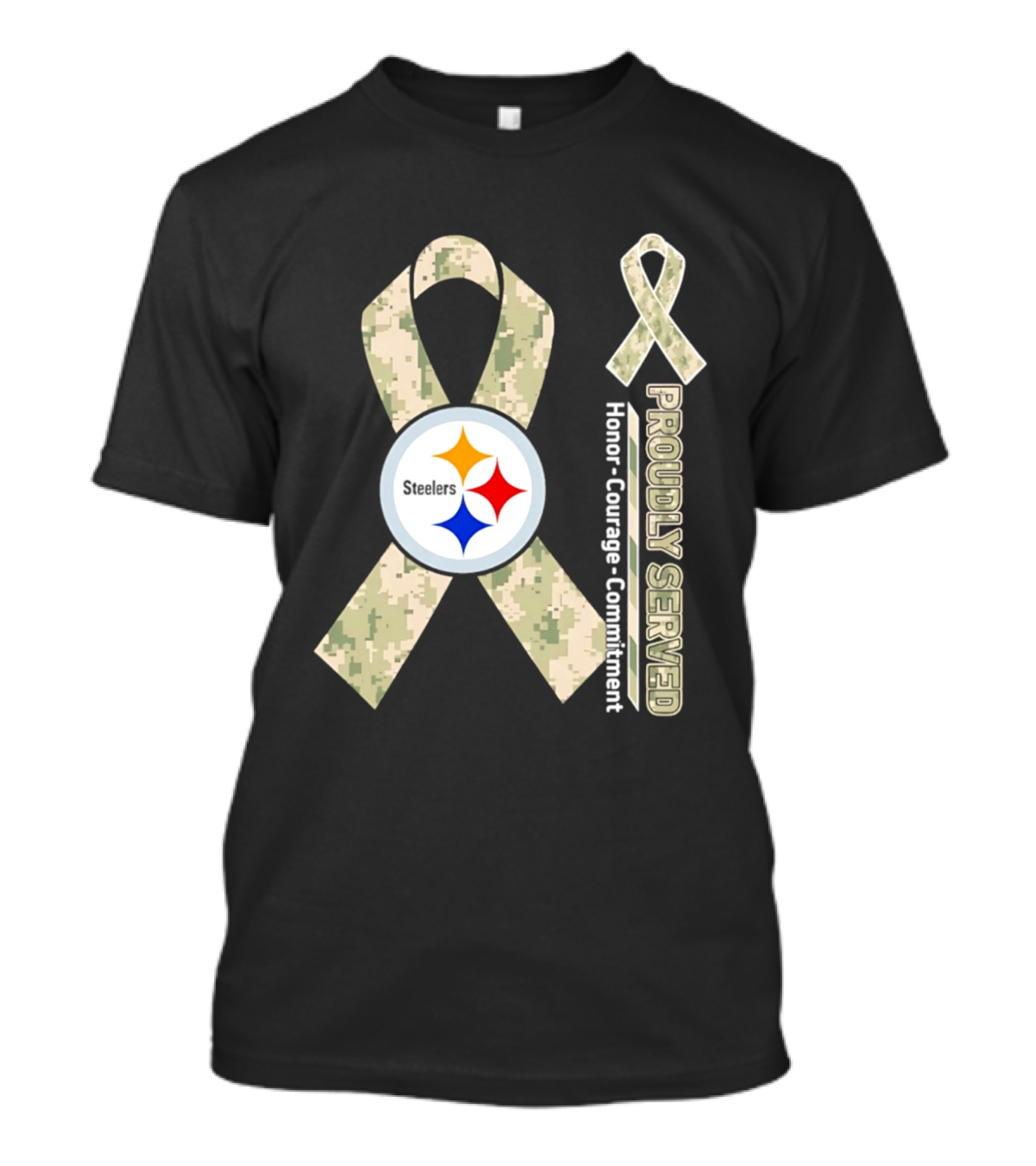Pittsburgh Steelers Camouflage Ribbon Proudly Served Honor Courage Commitment T-Shirt