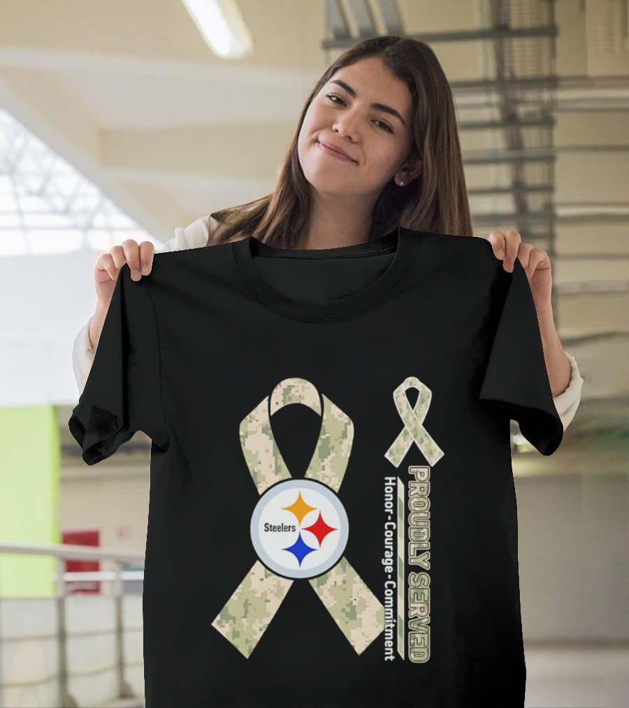 Pittsburgh Steelers Camouflage Ribbon Proudly Served Honor Courage Commitment T-Shirt