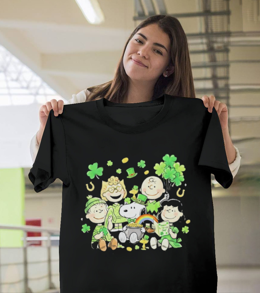 St. Patrick's Day Peanuts Snoopy And Friends With Shamrocks Horseshoes And Rainbow T-Shirt