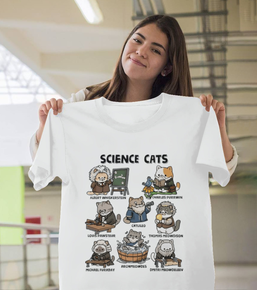 Science Cats Einstein Galileo Hypurrnicus Curieos Purrnicus Newton Hisshopper Tesla Furraday Hisskampf T-Shirt