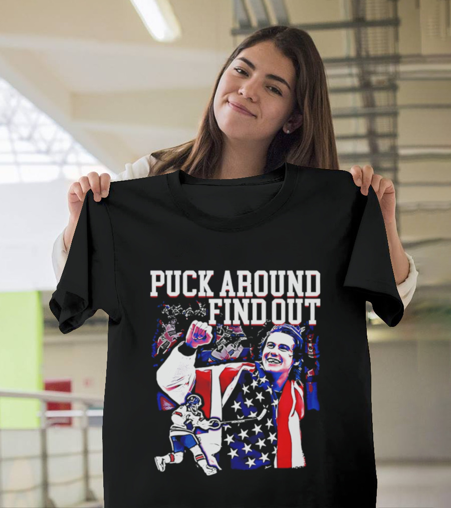 Puck Around Find Out Jack Hughes USA Hockey American Flag Celebration T-Shirt