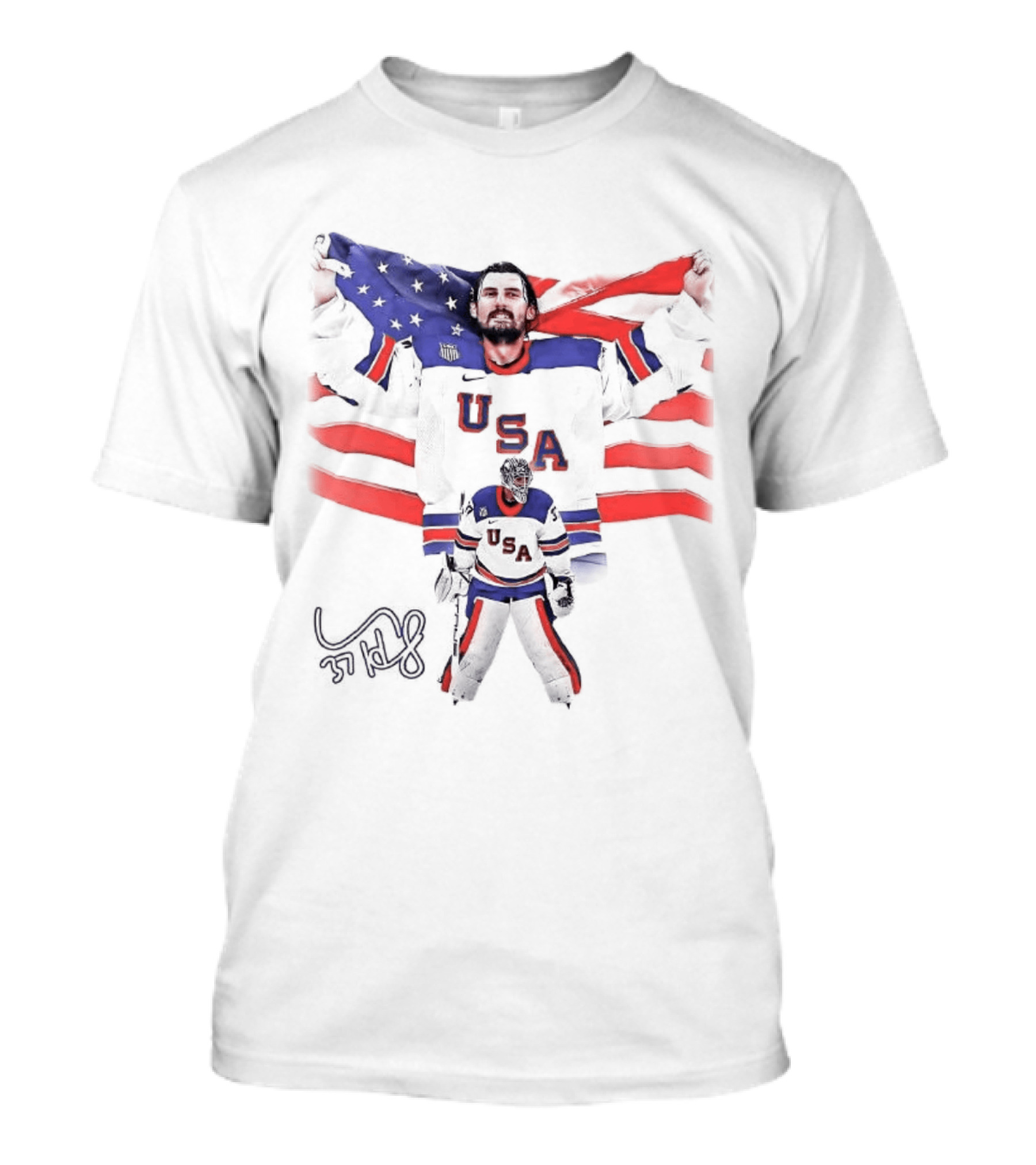 Connor Hellebuyck Team USA Olympic Gold Celebration Hockey Player With American Flag T-Shirt