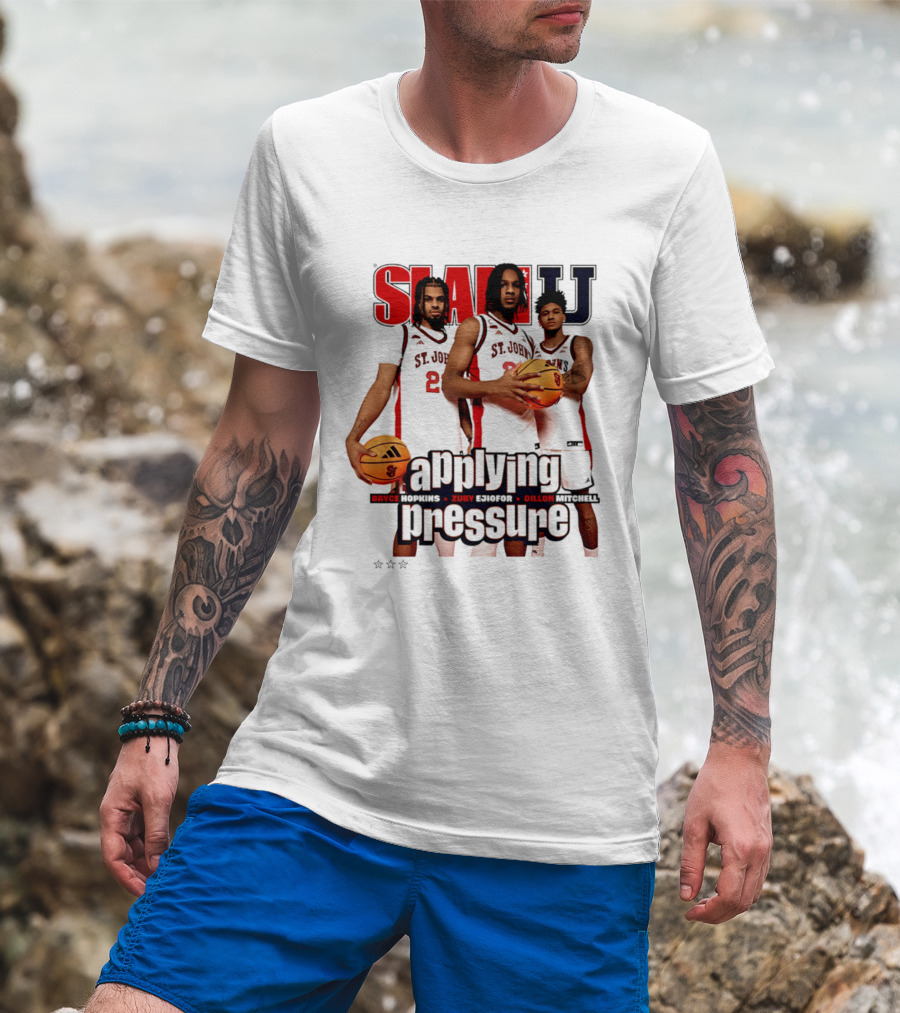 St. John's Red Storm SlamU Applying Pressure Bryce Hopkins Zuby Ejiofor Dillon Mitchell T-Shirt