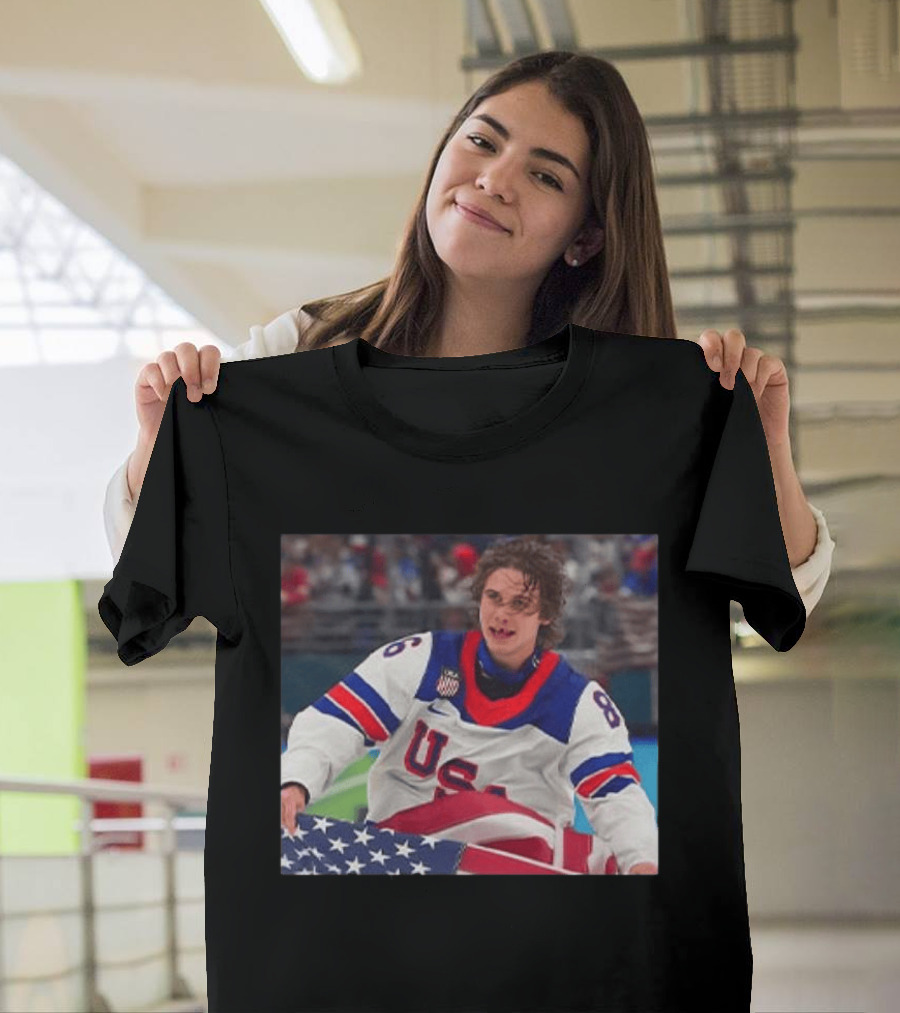 USA Hockey Jack Hughes Team 86 American Flag T-Shirt