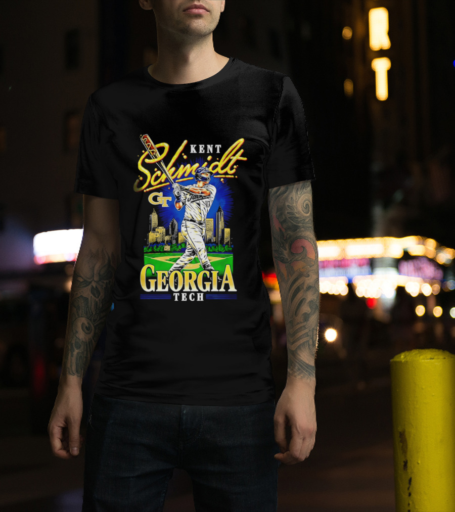 Kent Schmidt Georgia Tech Baseball Hot Dog Bat Skyline T-Shirt