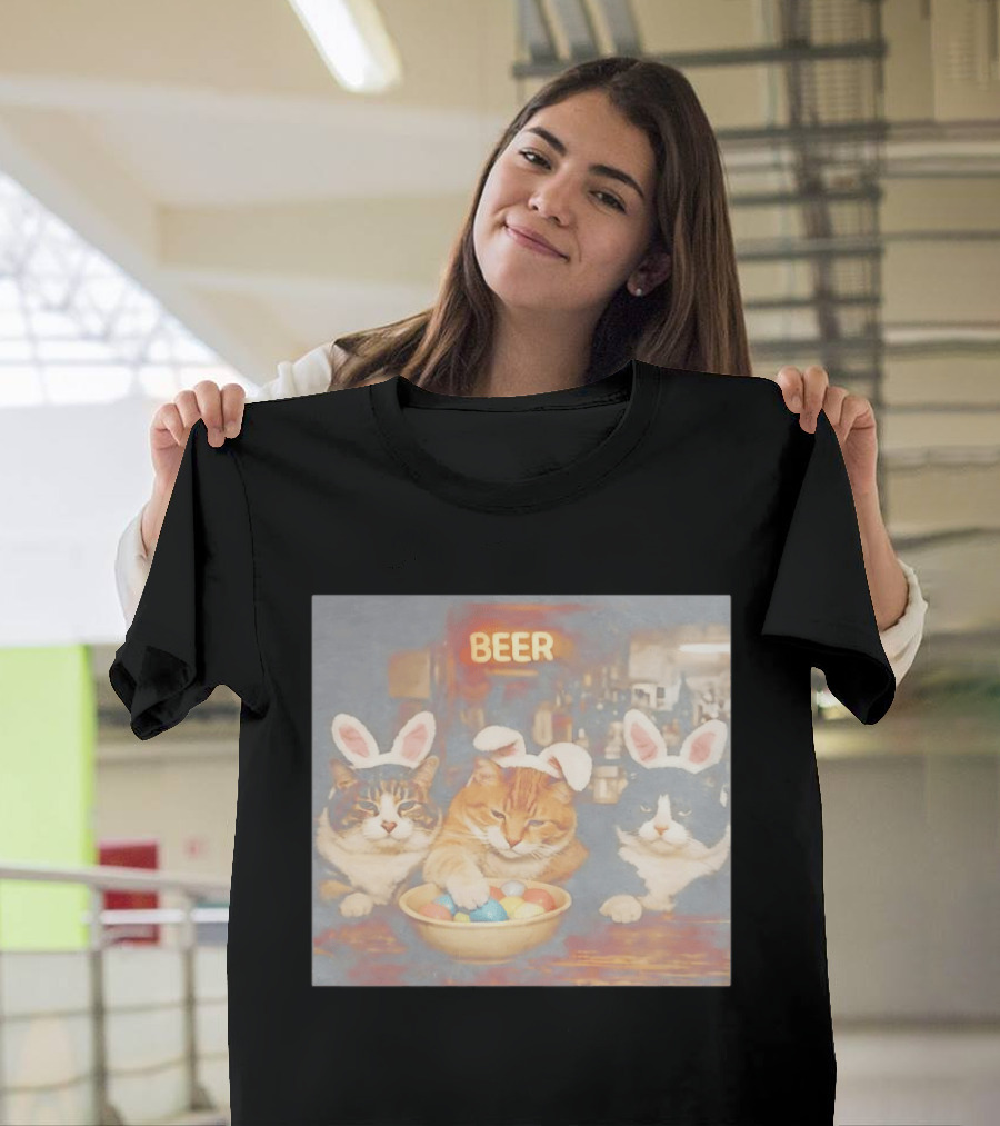 Beer Cat Trio Bunny Ears With Easter Eggs T-Shirt