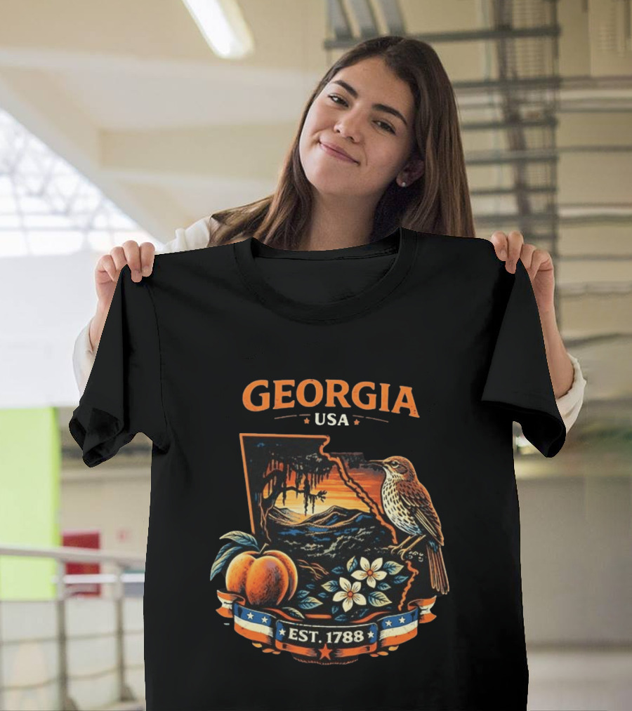 Georgia USA Established 1788 Peach Bird Landscape T-Shirt