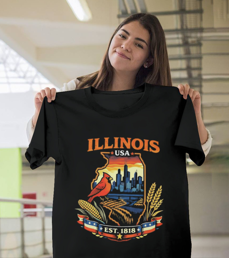 Illinois USA 1818 Cardinal Skyline Corn Wheat T-Shirt