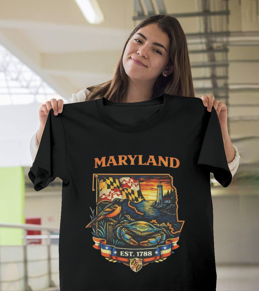 Maryland Est 1788 Crab Lighthouse Scene With Flag And Bird T-Shirt