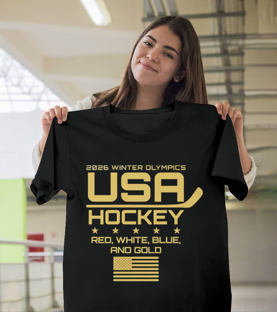 USA Hockey 2026 Winter Olympics Red White Blue Gold Flag T-Shirt