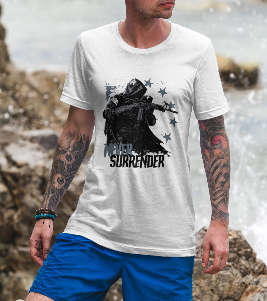 Never Surrender Reaper With Hooded Figure And Rifle T-Shirt