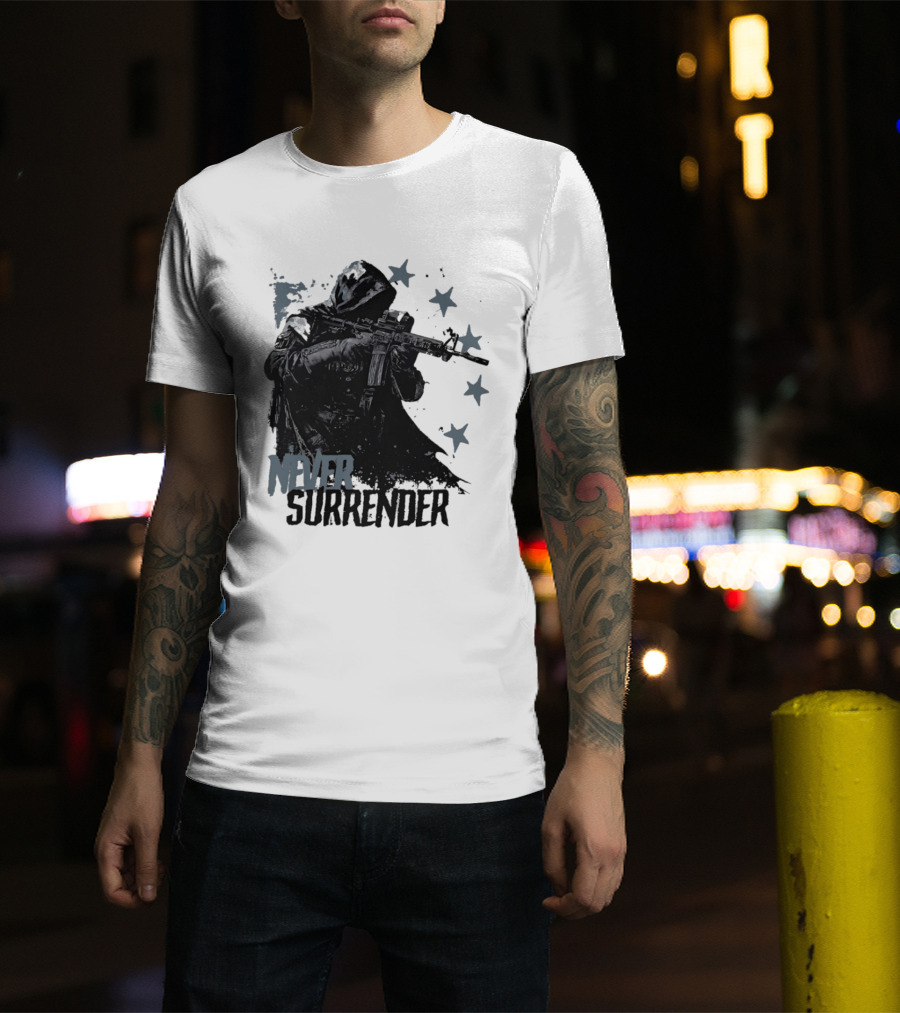 Never Surrender Reaper With Hooded Figure And Rifle T-Shirt