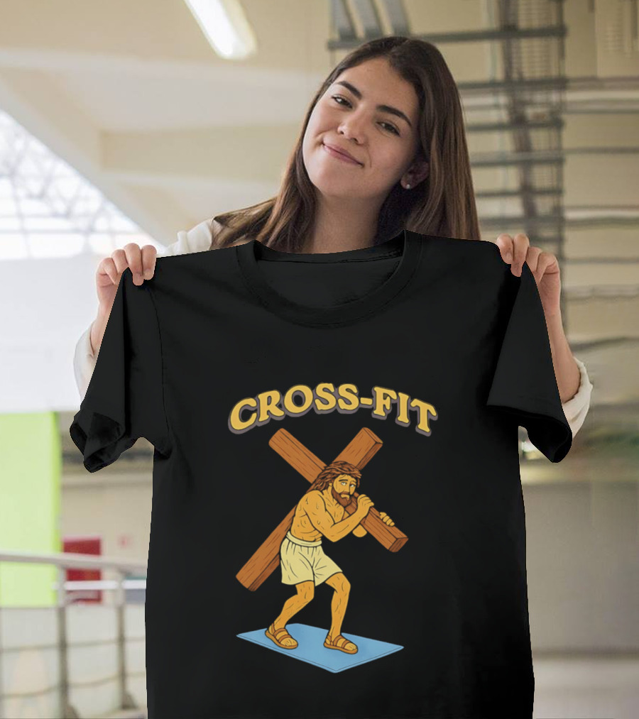 Cross Fit Jesus Cartoon Carrying Cross T-Shirt