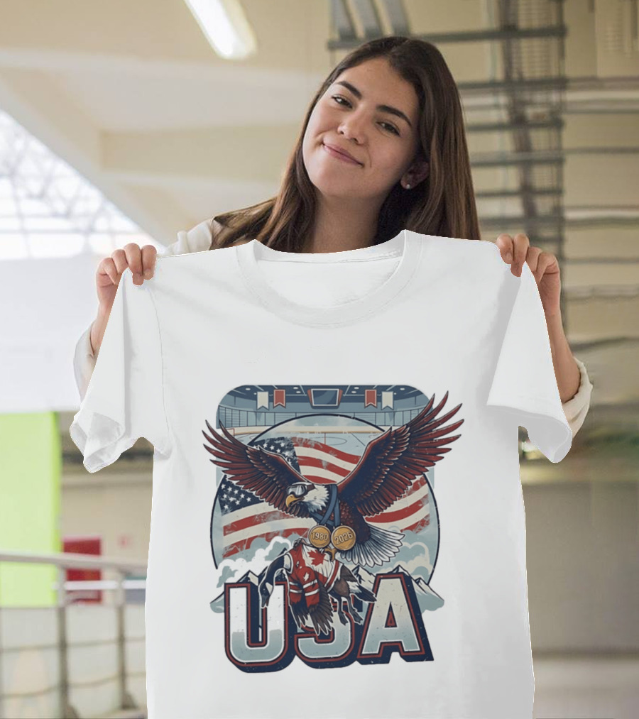 USA Hockey Eagle 1980 2026 American Flag Ice Rink T-Shirt