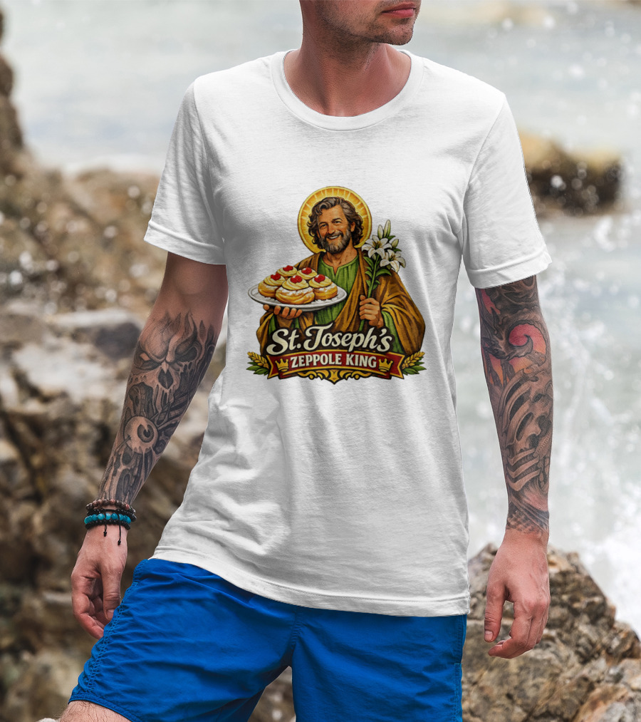 St Joseph's Zeppole King Saint Holding Tray With Flowers T-Shirt