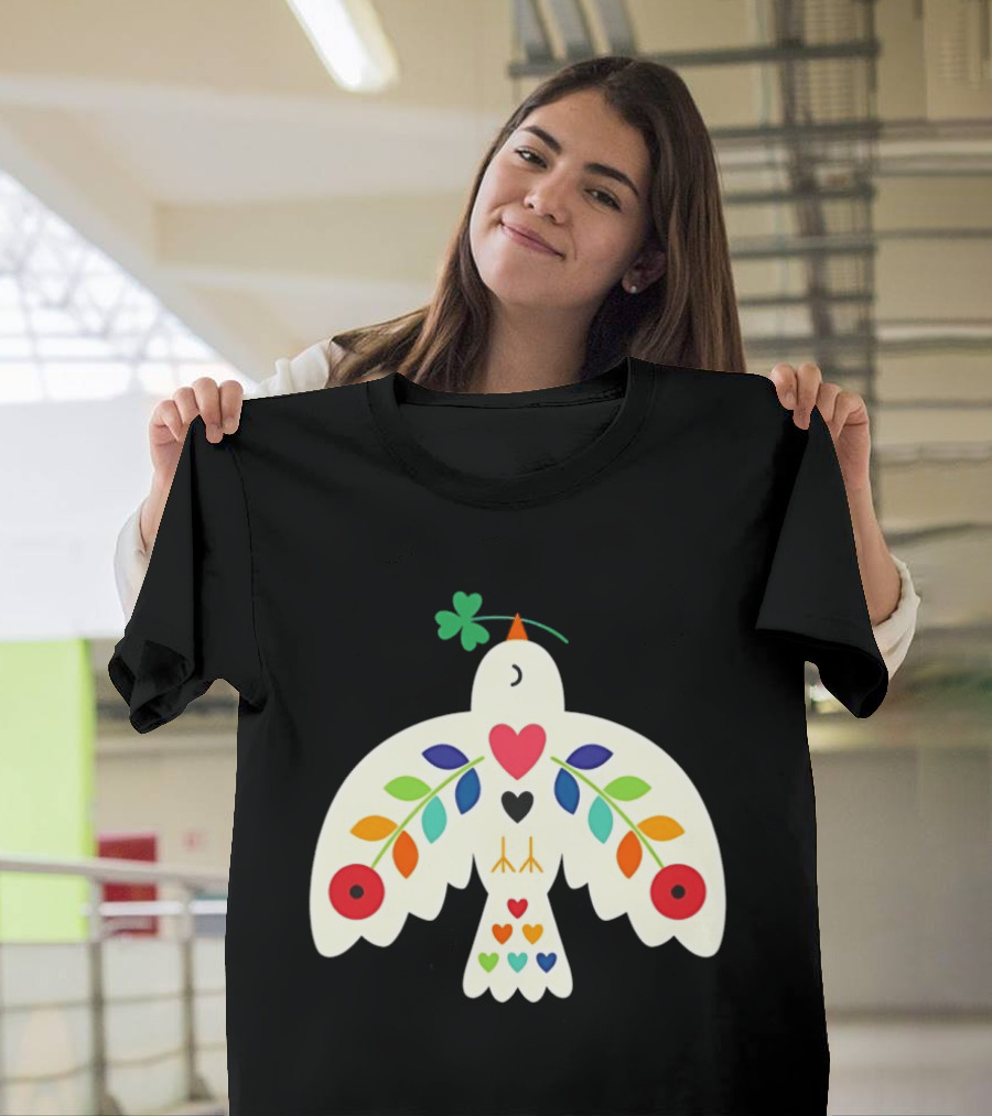 Luck Peace Love Dove With Shamrock And Colorful Hearts T-Shirt