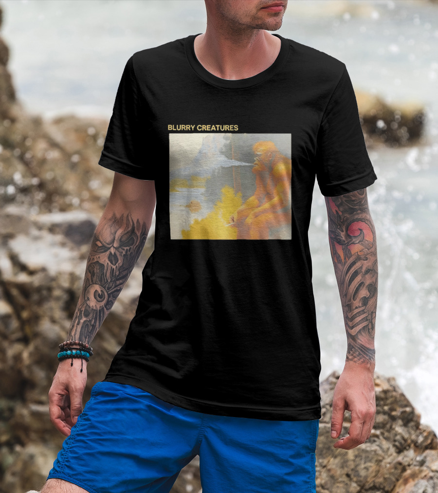 Bigfoot Blurry Creatures Smoking By Lake Mountain Scene T-Shirt