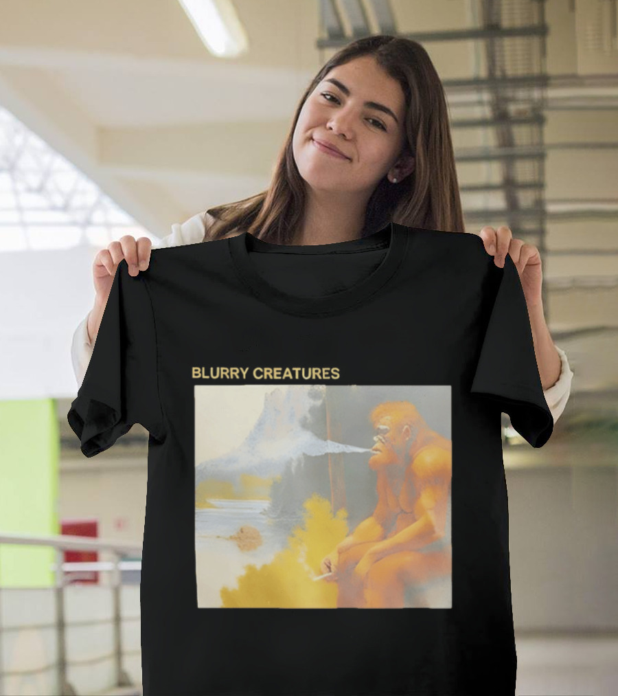 Bigfoot Blurry Creatures Smoking By Lake Mountain Scene T-Shirt