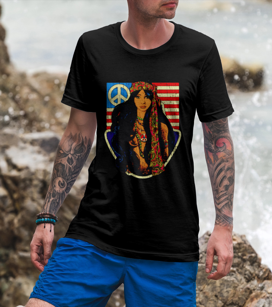 Peace Is Natural 1969 Bohemian Hippie Woman American Flag T-Shirt