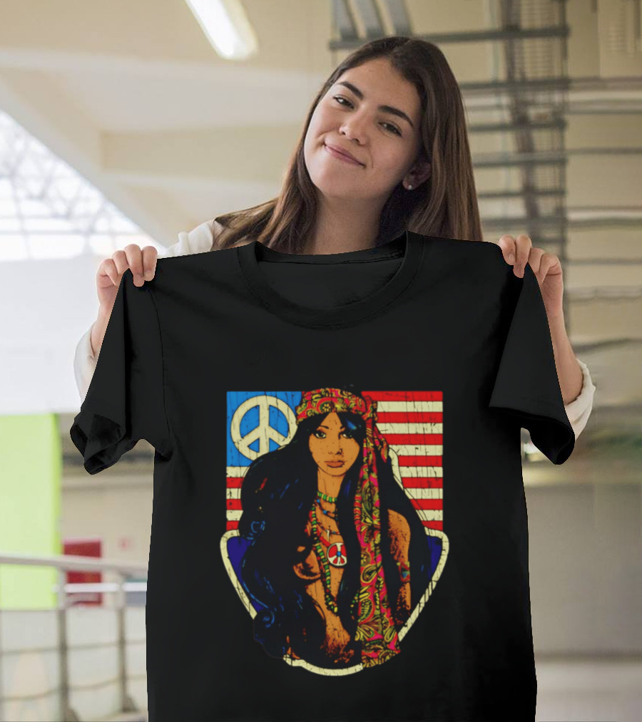 Peace Is Natural 1969 Bohemian Hippie Woman American Flag T-Shirt