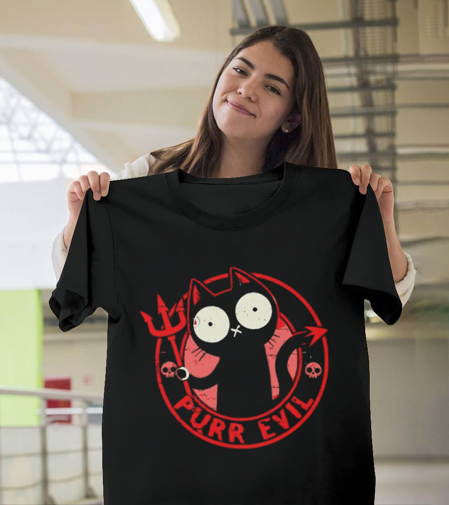 Purr Evil Cat With Trident And Skulls T-Shirt