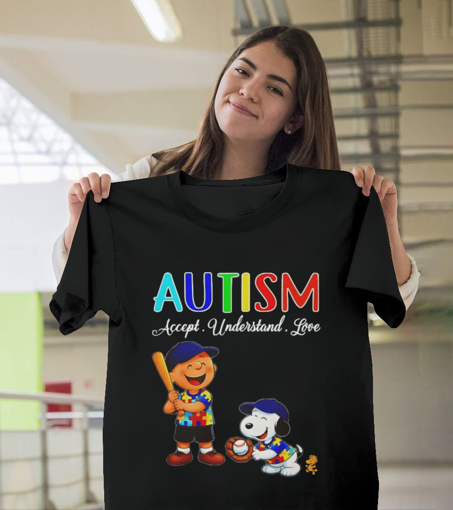 Charlie Brown Snoopy Peanuts Autism Accept Understand Love Baseball Puzzle T-Shirt