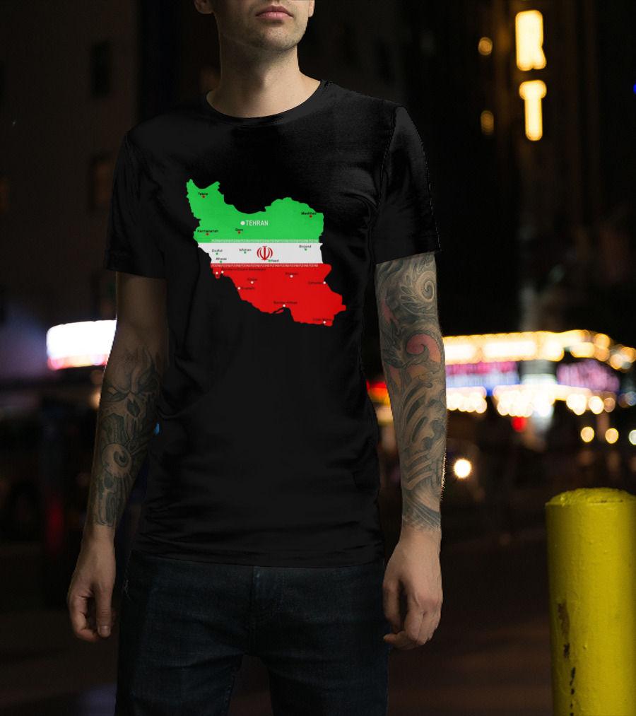 Iran Map With Flag Tehran Tabriz Mashhad Esfahan Shiraz Yazd Cities T-Shirt