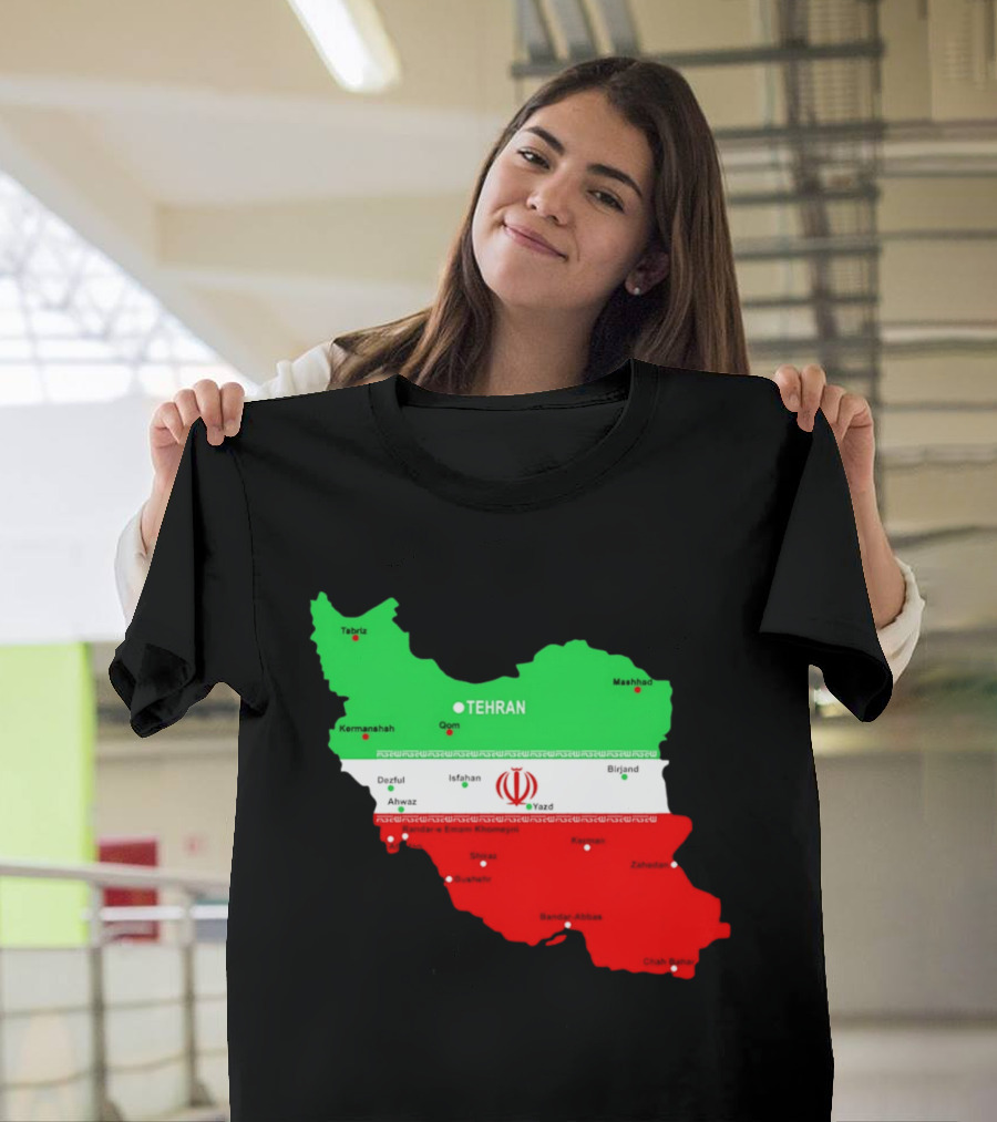 Iran Map With Flag Tehran Tabriz Mashhad Esfahan Shiraz Yazd Cities T-Shirt