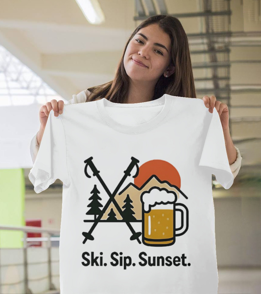 Ski Sip Sunset Mountain Beer Adventure T-Shirt