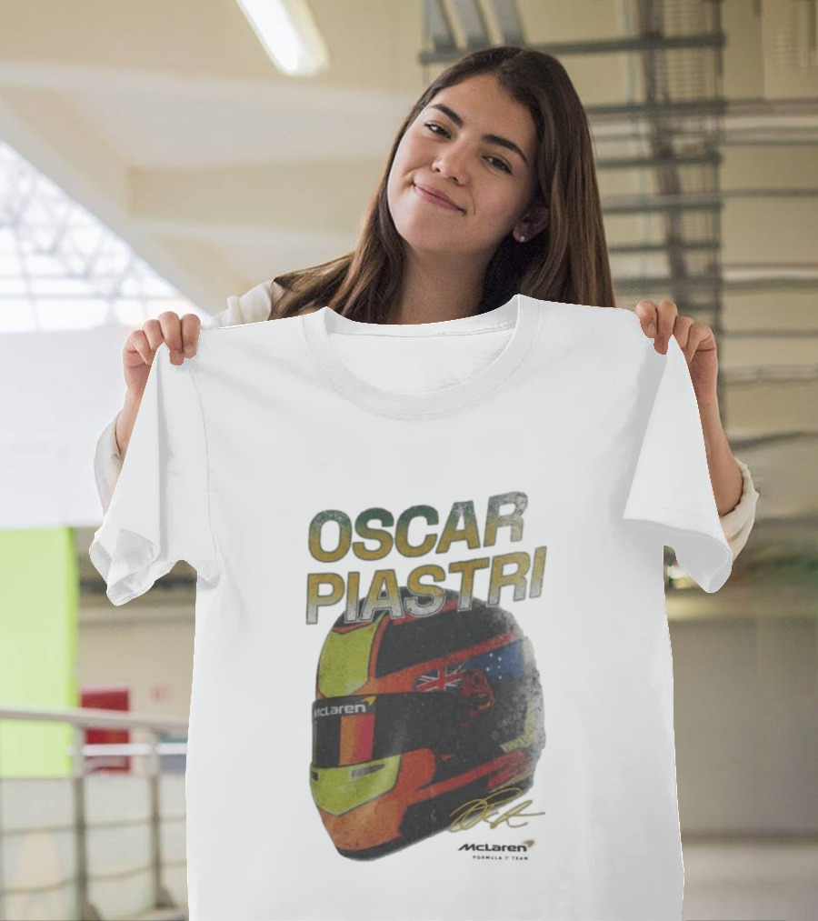 Oscar Piastri McLaren Racing Helmet Flag Signature T-Shirt