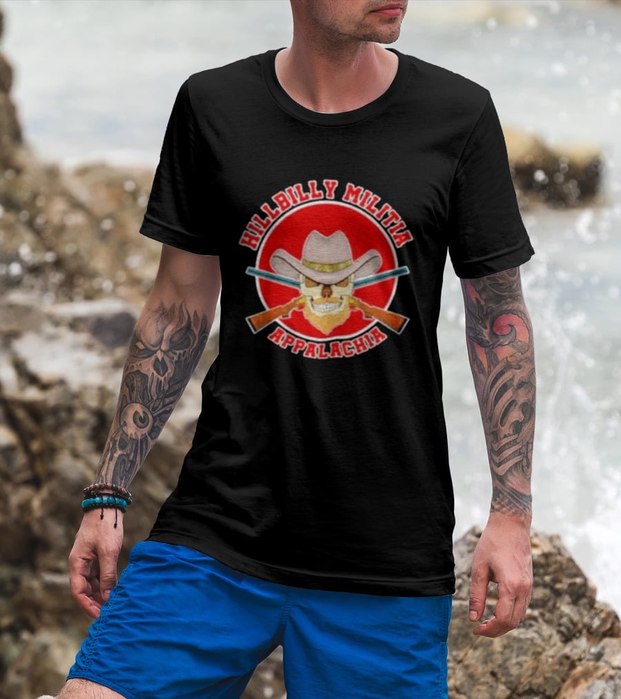 Hillbilly Militia Appalachia Skull Cowboy Hat Rifles Red Circle T-Shirt