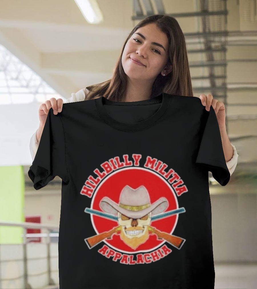 Hillbilly Militia Appalachia Skull Cowboy Hat Rifles Red Circle T-Shirt