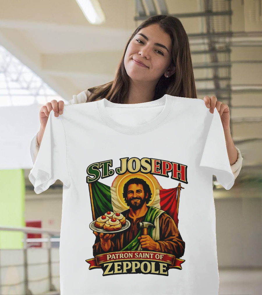 St. Joseph Patron Saint Of Zeppole With Italian Flag Icon And Halo Providing Hammer And Pastries T-Shirt