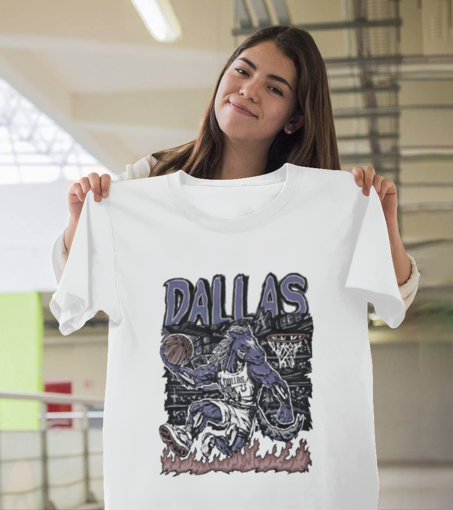 Dallas Mavericks Champ Cartoon Basketball Player Fire Hoops T-Shirt