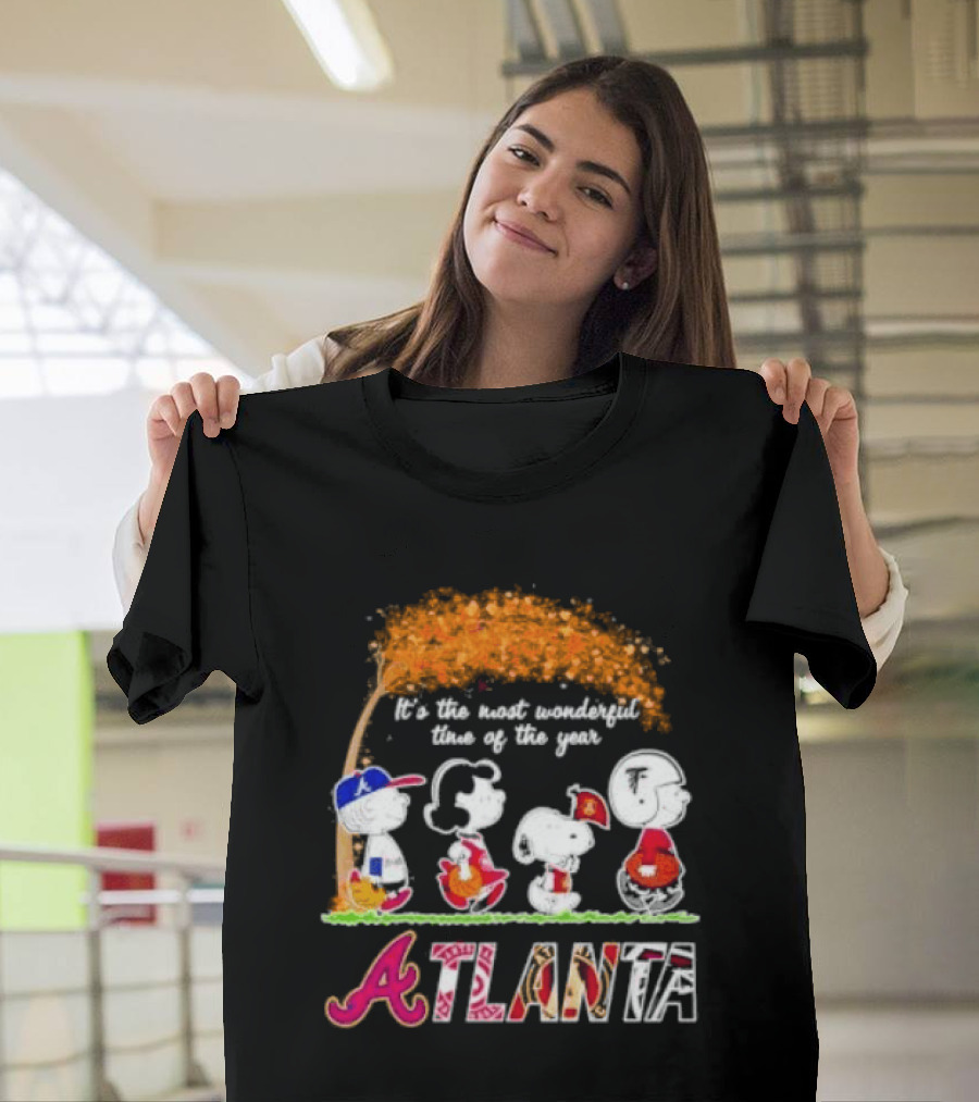 Atlanta Peanuts Characters Autumn Baseball It's The Most Wonderful Time Of The Year T-Shirt