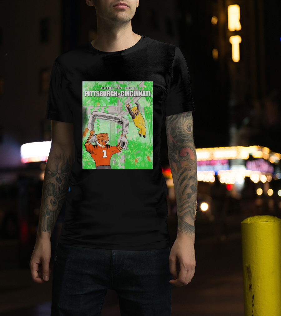 Pittsburgh Steelers Vs Cincinnati Bengals December 1 2024 Week 13 Cartoon Tiger And Construction Worker Jungle Showdown T-Shirt