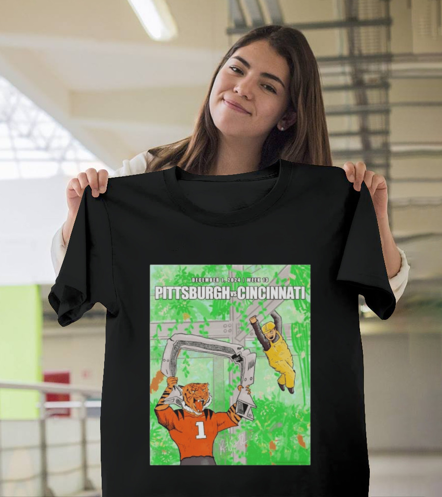 Pittsburgh Steelers Vs Cincinnati Bengals December 1 2024 Week 13 Cartoon Tiger And Construction Worker Jungle Showdown T-Shirt