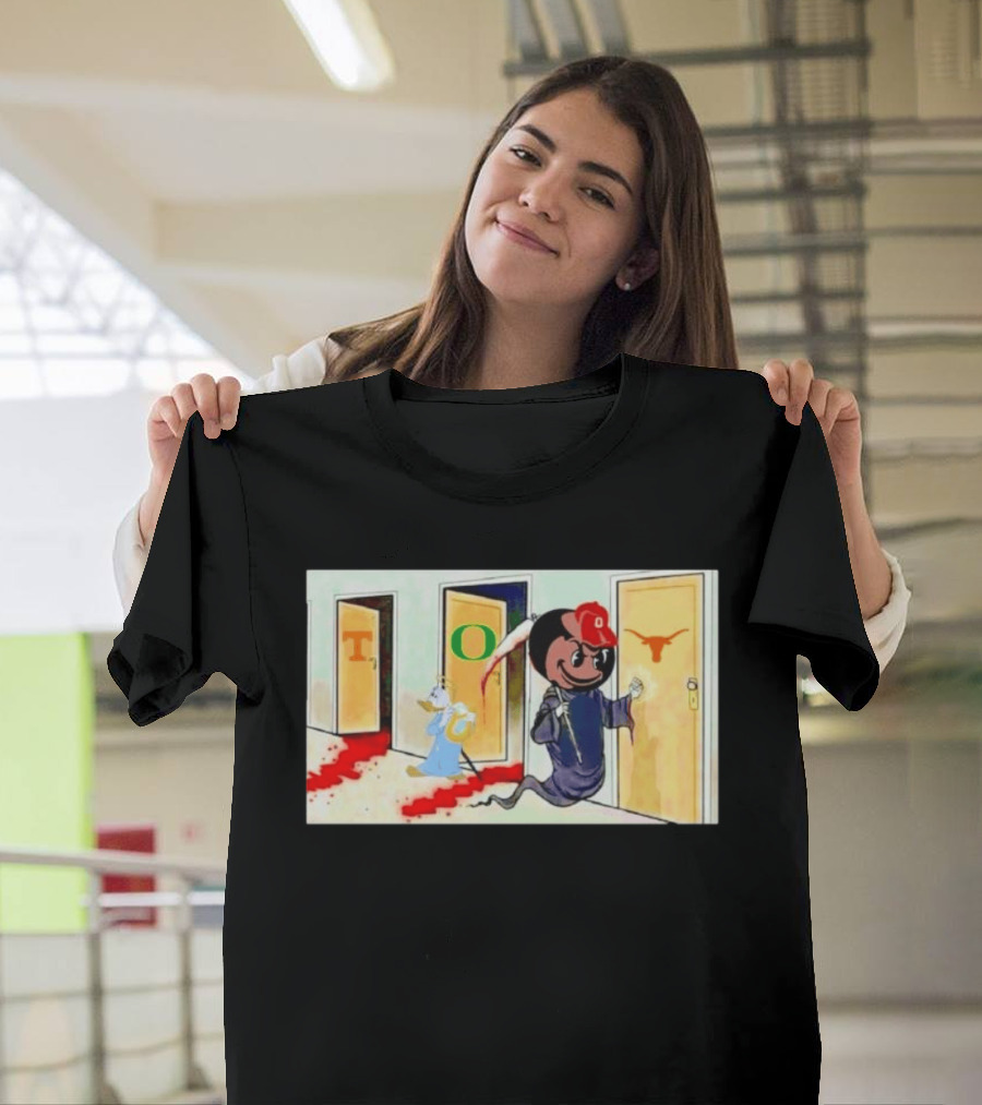 Ohio State Buckeyes Brutus Grim Reaper Knocking Texas Longhorns Door Cartoon T-Shirt