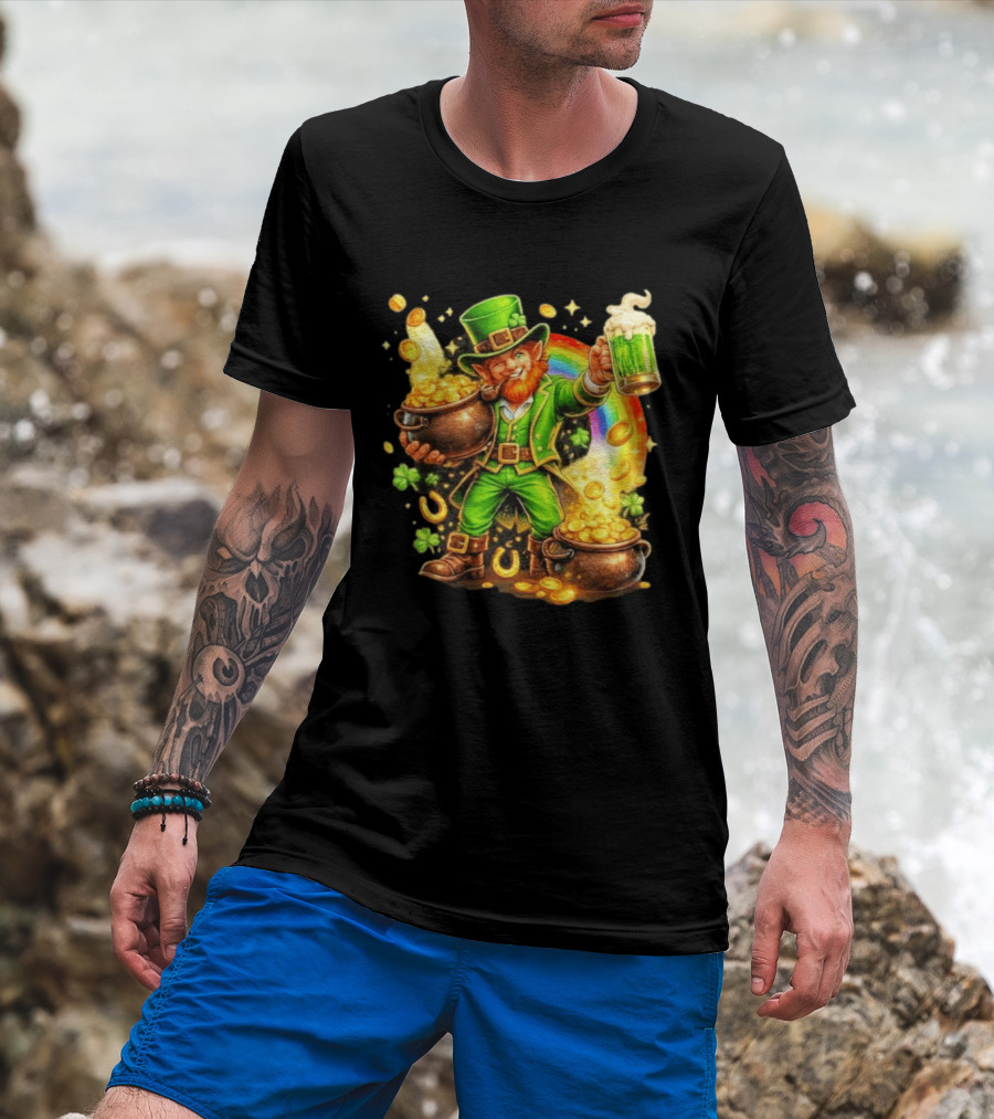 St Patricks Day Irish Leprechaun Cheers With Pot Of Gold And Rainbow Luck T-Shirt